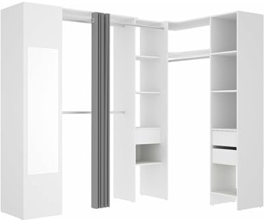 Vente-unique Eckkleiderschrank mit Vorhang & 1 Tür - Mit Spiegel - B 231 cm - Weiß & Grau - Bertrand