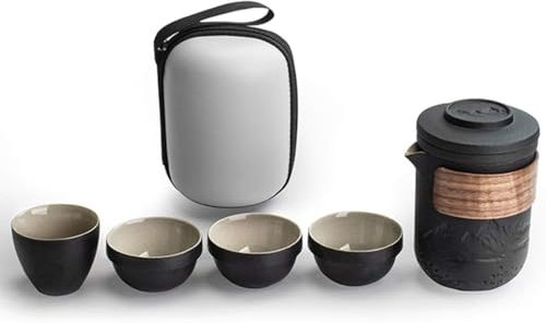 Service à thé Voyage Théière de voyage japonaise avec 4 tasses à thé en céramique Ensemble d'infuseur de théière portable utilisé pour le pique-nique en plein air (Color : BlackA, Size : 8.5 * 13cm)