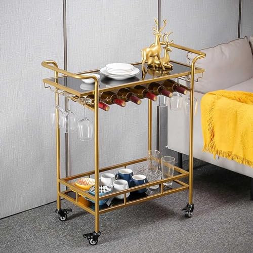 UPGENT Küchenwagen, 2 Etagen, mobiler Goldener Barwagen, moderner Minibar-Küchen-Servierwagen und Kaffeestation mit Stauraum für Wein und Gläser, Rollwagen (Farbe: Gold + Schwa