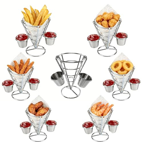 6er Set Pommeshalter Edelstahl, Pommestüten Halter mit Dip Schalen Abnehmbar Pommes Korb & Dipschalen Set Fingerfoodhalter Pommes Körbchen Pommes Ständer HD 14,5 x 10cm