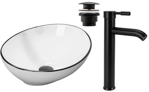 GTM Design Aufzatzwaschbecken mit Armatur-Waschbecken mit Hahn-Waschbeckenarmatur schwarz Matt - Aufzatzwaschbecken Oval - Waschbecken Weiß/Schwarz Matt - Aufsatzwaschbecken mit Armatur komplett Set
