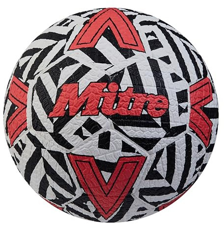 Mitre Ballon de Football de Rue Unisexe | Extrêmement Durable | Parfait sur Les Surfaces dures, Blanc/Noir/Rouge bavette, Taille 5