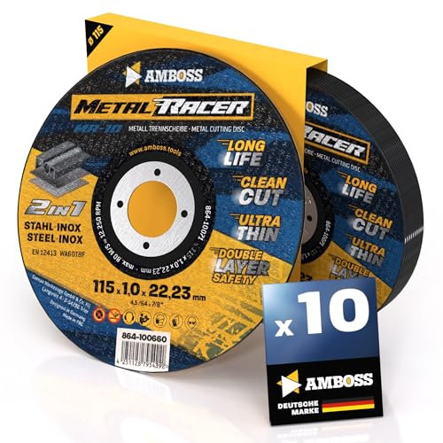 10 dischi da taglio in metallo, diametro 115 x 1 x 22,23 mm. Il disco da taglio in metallo Metal Racer by AMBOSS WERKZEUGE è adatto per acciaio e acciaio inossidabile, disco da taglio in acciaio