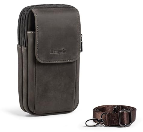 Hengwin Cuero Genuino Bolsa para móvil, Bolsa de Cinturón, Funda Movil Cinturon para Hombre, Fundón de Teléfono, Bolso Cintura con Presilla (Grey)