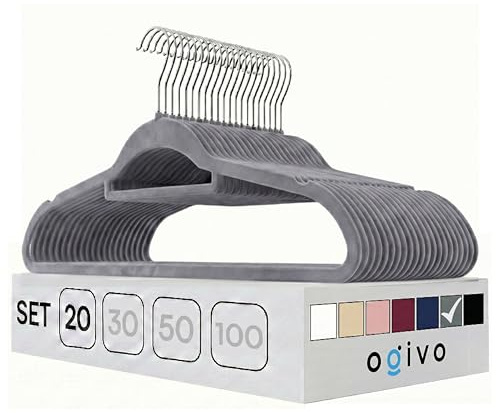 OGIVO Kleiderbügel Samt 20er Set (Grau) 360° drehbarer Haken rutschfest | Hangers Clothes, Krawattenhalter, Schulterkerben, Hosenbügel, 360° drehbarer Haken, rutschfest