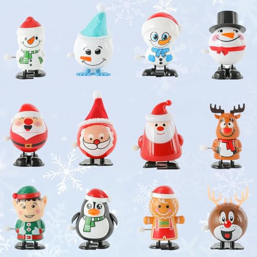 AUEJACKY Aufziehbare Weihnachtsspielzeuge, 12 Stück, Lauf- und Springspielzeug für Weihnachten, Aufziehspielzeug für die Weihnachtsfeier, Weihnachtsschneemann