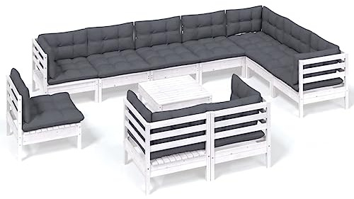 WEMYUFURN 11-TLG. Garten-Lounge-Set mit Kissen Weiß Kiefer Massivholz, Outdoor-Sitzgruppe, Terrassen-Lounge-Set, Garten-Couchgarnitur - Wetterbeständig, Komfortabel - für Terrasse, Garten und Balkon