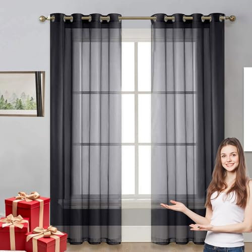 LIUNADM Verdunklungsvorhänge 125 x 265 cm Wärmeisolierend, Ösenvorhang Querbehang Gardine Durchsichtig Tüllstoff für Küche Büros Wohnzimmer Schlafzimmer, Schwarz
