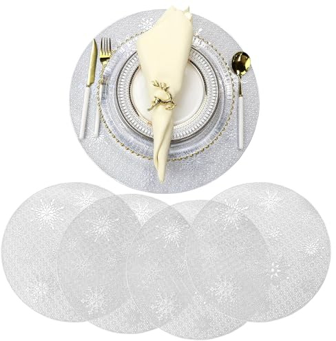 Platzset Weihnachten Silber, 4 Stück Tischset Rund, Schneeflockenmuster Abwaschbar PVC Hitzebeständig für Tischdekoration