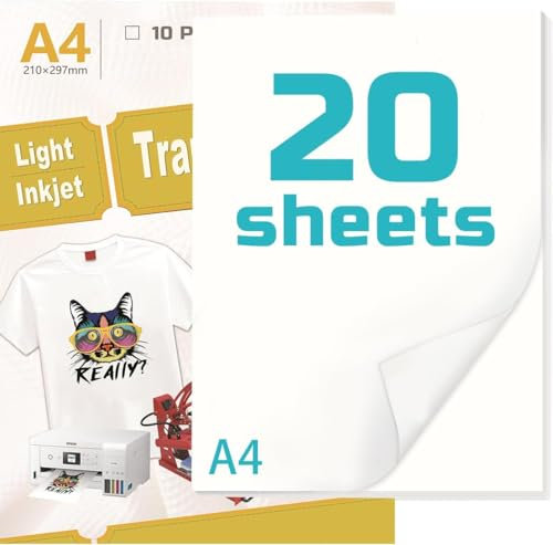 Uadme Inkjet T-Shirt Transferpapier, A4x20 Blatt Transferpapier Weiß zum Aufbügeln, Einfache DIY-T-Shirts, Tragetaschen, Kissen, Schürzen
