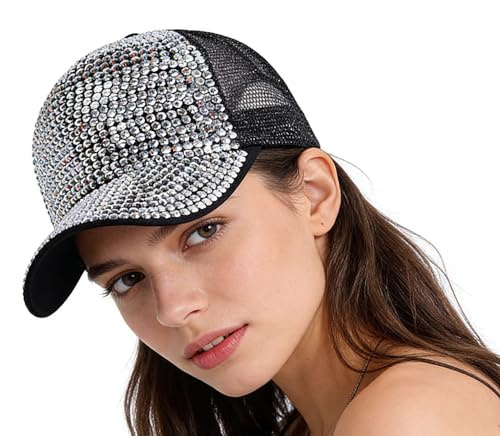 Bling Rhinestone Crystals Mesh Baseball Cap Adjustable Breathable Sparkle Sun Cap Sun Visor Hat (US, Alpha, One Size, Silver Diamond + Black Hat)