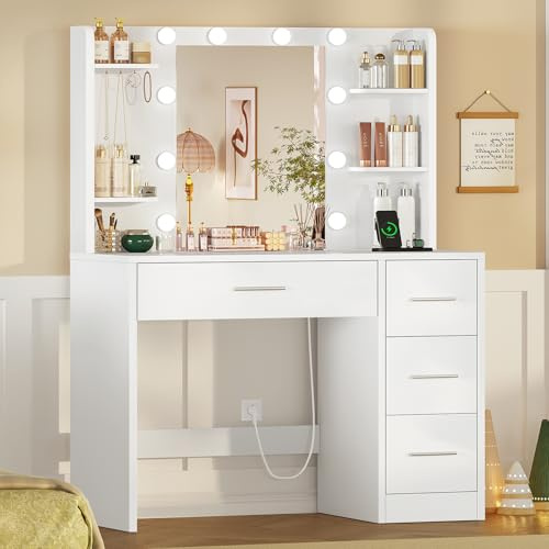 TEENFON Toeletta Trucco con Specchio, 3 con Luminosità Regolabile, Postazione Trucco con 4 Ripiani Apert, Bianco,Presa, 4 Cassetti, 5 Ganci per Gioielli