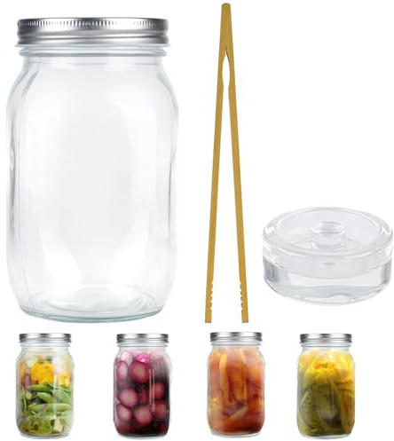 XCRPRT Mason Jar Mit Deckeln 1L Fermentier Klargläser Mit Holzklammer,Gewichten Mit Fermentiergewichte Und Schraubdeckel Gärglas Mason Jars Von Kimchi Sauerkraut Container Mehrzweck Vorratsgläser