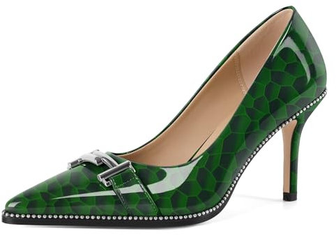 Mettesally Scarpe con Tacco Donna Stiletto a Punta Scarpe Perline d'Argento Slip on 8.5 CM Tacchi a Spillo Pelle Verniciata con Fibbia Sexy per Abito Party Verde Lucido EU36
