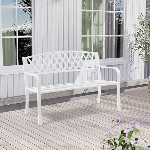 casa.pro Gartenbank Opsasar Weiß für 2-3 Personen Stahl 127 x 54 x 88 cm Gartenmöbel Sitzbank mit Rückenlehne witterungsbeständige Bank für Außenbereich