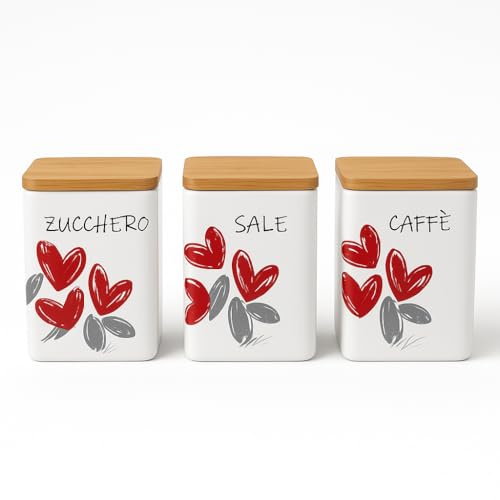 MECSAL CASALINGHI Set Barattoli Cucina in Ceramica – Contenitori Tondi per Sale, Zucchero e Caffè con Coperchio Ermetico – Design Elegante, Decorativi e Resistenti (QUADRATO LOVE ME)