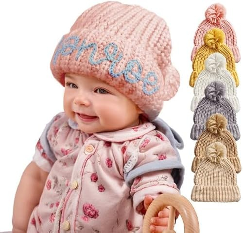 GELLEDI Personalisierte Strickmütze mit Pom Pom und Namen, bestickte Wintermütze für Kleinkinder, Mädchen und Jungen, Geburtstagsgeschenk