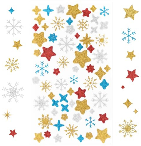 408 Stück Glitzer Aufkleber Weihnachten, 6 Blätter Weihnachtsaufkleber Selbstklebend, Weihnachts Sticker mit Schneeflocken Sterne für Weihnachtliche Bastelarbeiten und Deko