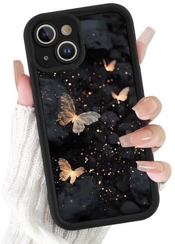 Xylota Handyhülle für iPhone 15 6,1 Hülle, Aesthetic Schmetterlinge Muster Mädchen Frauen Case, Weich Silikon Dünn TPU Bumper Stoßfeste Kratzfest Schutzhülle Cover für iPhone 15, Schwarz