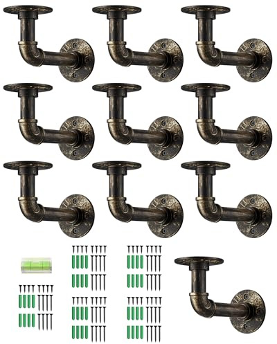 eSynic 10Pcs Industrial Pipe Shelf Brackets,Antique Bronze Pipe Brackets for Shelves,1/2 inch Metal Floating Shelf Bracket for Scaffold Board (15*8cm) with a Spirit Level