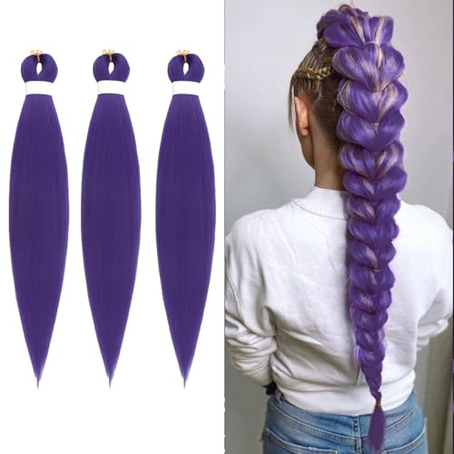 MUNSKT 26 Inch Intrecciatura viola capelli pre-allungati, 3 pezzi, capelli all'uncinetto in seta a bassa temperatura, aggiunta capelli trecce viola, Yaki texture africana meches viola per balli