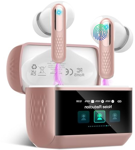 ZYHKON Auriculares Inalámbricos con Pantalla Táctil LED, Auriculares Bluetooth 5.4 HiFi Estéreo con HD Mic, 48H Cascos Inalambrico con Reducción de Ruido ANC+ENC, IP7 Impermeable, Rosa Champán