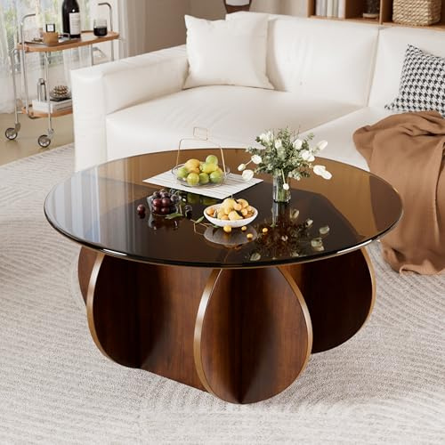 MSFE Round Coffee Table, Glass Coffee Table Wooden Base, Modern Coffee Tables Center Tables for Living Room Home Office (Walnut Brown, 60x60x40cm)