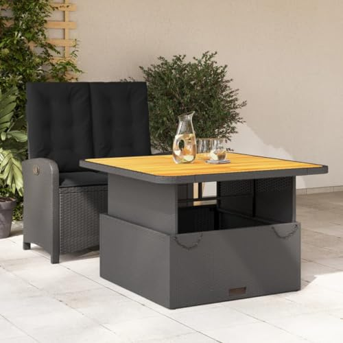 Owoxanthellate Gruppo da giardino nero, 105 x 59 x 93 cm, in rattan sintetico, regolabile in altezza, con tavolo in legno di acacia e cuscino lounge per balcone, terrazza, attività all'aperto