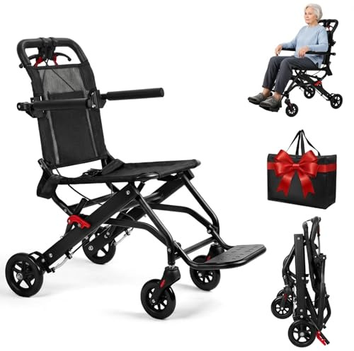 Fauteuil roulant pliable pour adultes, fauteuil roulant de transport portable pour adultes, fauteuil de voyage ultra léger de 13 lb avec accoudoirs rabattables, 286 lb (noir)