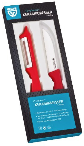 GRÄWE Keramik Messerset Cerahome 2-teilig | Messer (7,5 cm) & Schäler (18 cm) | Zirkonia-Klinge & Kunststoffgriff | hygienisch, geschmacksneutral & leicht | Rot