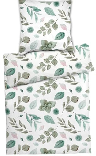 Bertels 2tlg Bettwäsche Set Microfaser Seersucker Bunte Blumen Verziehrt auf Weißem Grund Neu mit RV 135x200cm + 80x80cm