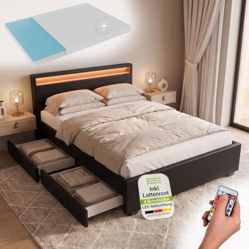 Juskys Polsterbett Lyon 140x200 cm mit Matratze, Bettkasten, LED Beleuchtung, Lattenrost & Kopfteil, schwarz, Bett Bettgestell Jugendbett Einzelbett