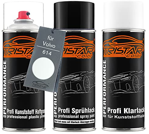 TRISTARcolor Autolack Spray Set Kunststoff für Volvo 614 Ice White | Blanc Glace, Sprühdosen-Set für Stoßstange/Plastik, Kunststoff-Haftgrund + Basislack + Klarlack
