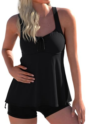 Hilor Women's Maternity Swimwear Black Retro Drawstring Tankini Bathing Suits Plus Size Two Piece Swimsuit 26
