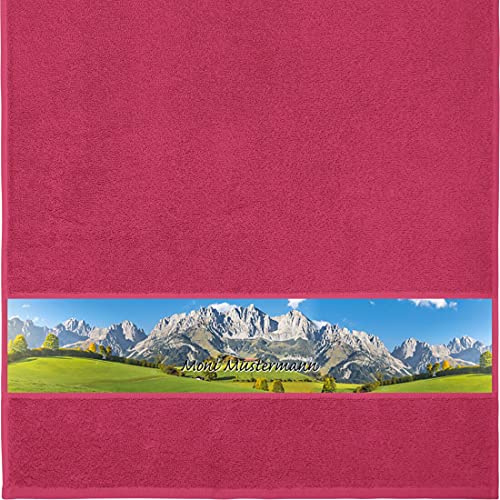 Manutextur Handtuch mit Namen - personalisiert - Motiv Berge 1 - viele Farben & Motive - Dusch-Handtuch - Fuchsia - Größe 50x100 cm - persönliches Geschenk mit Wunsch-Motiv und Wunsch-Name