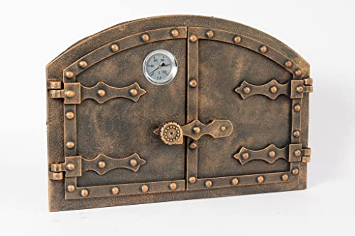 SEZAM Porte de four double en fonte avec thermomètre 500 °C, avec loquet de porte, aspect rivet, porte de four à pizza - four à pain - porte de four en pierre, 53,2 x 5,5 x 35,5 cm, peinture cuivrée