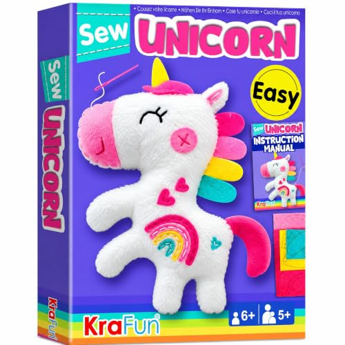 KRAFUN Unicorn Sewing Kit for Kids Ages 7-12, Beginner Craft Set with Unicorn Stuffed Doll, Plush Felt Materials, Instructions, Embroidery Supplies, Pre-Punched Fabric