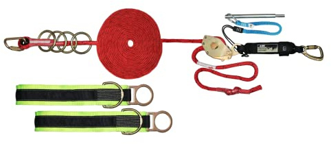 AFP Horizontal Lifeline System|Temporary 4 Man 100’ Fall Protection Rope w/Two Cross Arm Straps, Energy Absorber, Carabiners, Rope Tensioner, Pin & Carrying Bag|OSHA/ANSI Rated PPE|Free Tool Lanyard