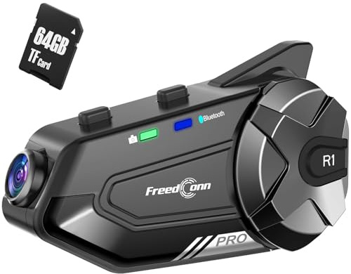 FreedConn Motorcycle Helmet Intercom 2K Camera Headset, R1 Pro Motorbike Helmet Bluetooth Headphone Earphone Camera 3200Ft APP Control/Universal Intercoms with 64G Card (R1 PRO & 64G Card)