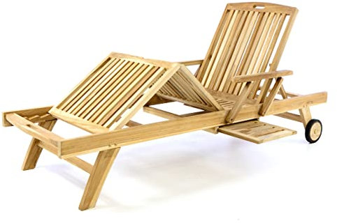 SONLEX Sonnenliege unbehandelt Natur Gartenliege Relax-Liege Teak-Holz inkl. Räder Tablett – Lehne & Fußteil verstellbar – Pool-Liege Bäder-Liege