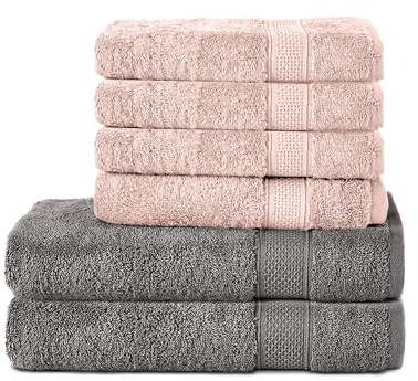 Komfortec 6er Handtuch Set aus 100% Baumwolle, 2er Badetücher 70x140 cm und 4er Handtücher 50x100 cm, Frottee, Weich, Anthrazit/Rosa