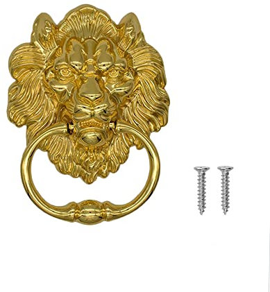 1 x Türklopfer, Löwenkopf-Klopfer, Haustürklopfer mit 2 Schrauben, Zinklegierung, Löwenkopf-Ringe, Löwen-Möbelklopfergriff für Schrank, Schublade, Tür, Barhocker, golden