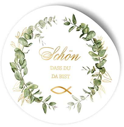 itenga 100x Sticker Aufkleber Schön dass du da bist Eukalyptus und FISCH je 4cm I rund, selbstklebend I ideal zum Basteln von Gastgeschenken für Konfirmation Kommunion Taufe
