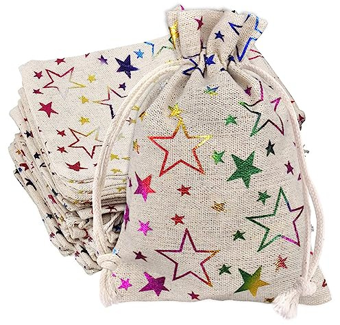 Hessian Gift Bags, 20PCS 15x20cm Jute Burlap Bags, Burlap Bag with Drawstring, Star Print Linen Burlap Bag Mini Gift Bags for Wedding Birthday Party DIY Craft