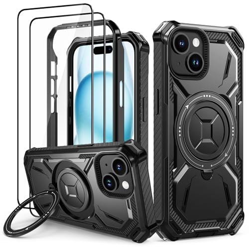 Lanhiem Cover per iPhone 15, 14FT Antiurto, 360° Supporto, Magnetica, Nero | con 2 Vetro Temperato, Militare Rugged Armor Protezione Completa del Corpo, Resistente Custodia per iPhone 15