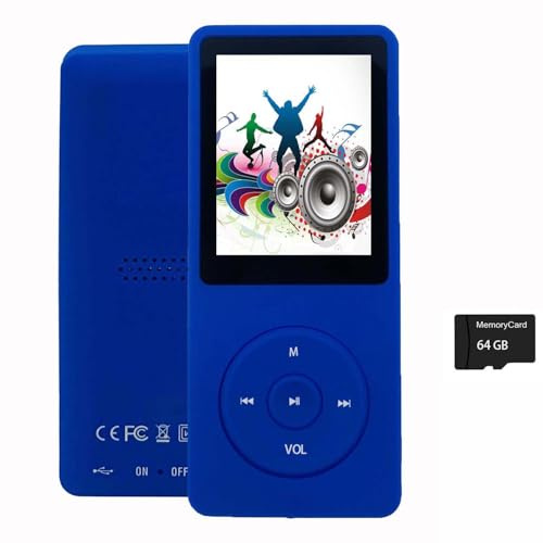 64 GB MP3-spelare med hörlurar, bärbar musikspelare för barn, stöder musik/bild/video/röstinspelning/e-bok blå