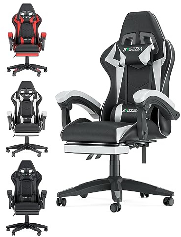 Bigzzia Gaming Stuhl, Ergonomisch Gaming Chair mit Fußstütze, PC-Stuhl Weiß | Gaming Sessel mit Lendenkissen+Kopfstütze, 90–135° Rückenlehne, höhenverstellbar, Computerstuhl für Erwachsene und Jungen