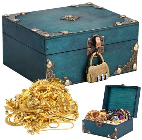 RAKUTE Schatzkiste Holz, Vintage Holz Schatztruhe Kinder mit Schloss, 18 * 11.5 * 10.5cm Holztruhe Piratenkiste für Aufbewahren und Dekorieren Geschenke
