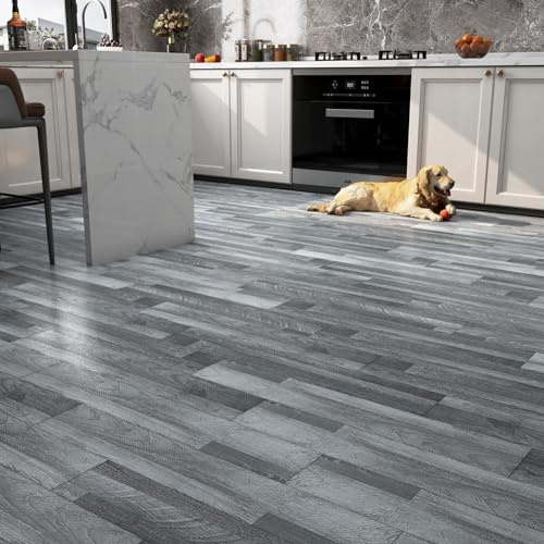 FunStick 90×15CM 35 Dalles PVC Adhesives Sol Bois Gris Stickers Carrelage Adhesif Sols Gris Panneau Bois Decoratif Dalle Vinyle Sols Adhesive Salle de Bain Lavable Carreaux Autocollants Cuisine Sol
