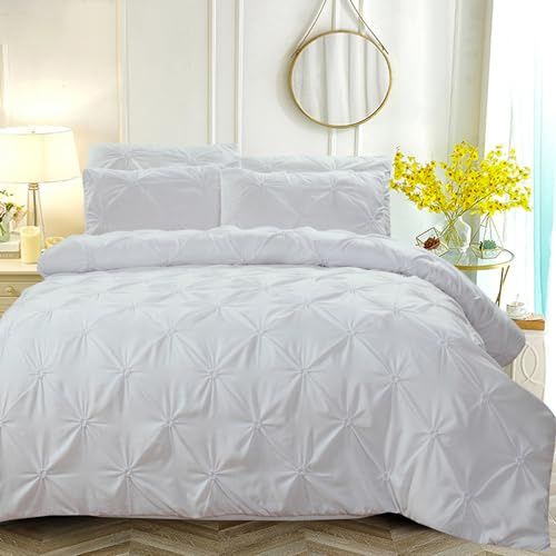 Luofanfei Housse de Couette Blanche 220x240 Plissée Unie Blanc Parure de Lit 2 Personnes Adulte Linge de Lit en Microfibre Uni Parure Housse Couette Zippée 220 x 240 avec 2 Taies d'oreiller 65x65